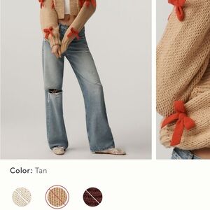 Maeve Tan Cardigan with Red Bow Accents from Anthropologie NWT ONE SIZE